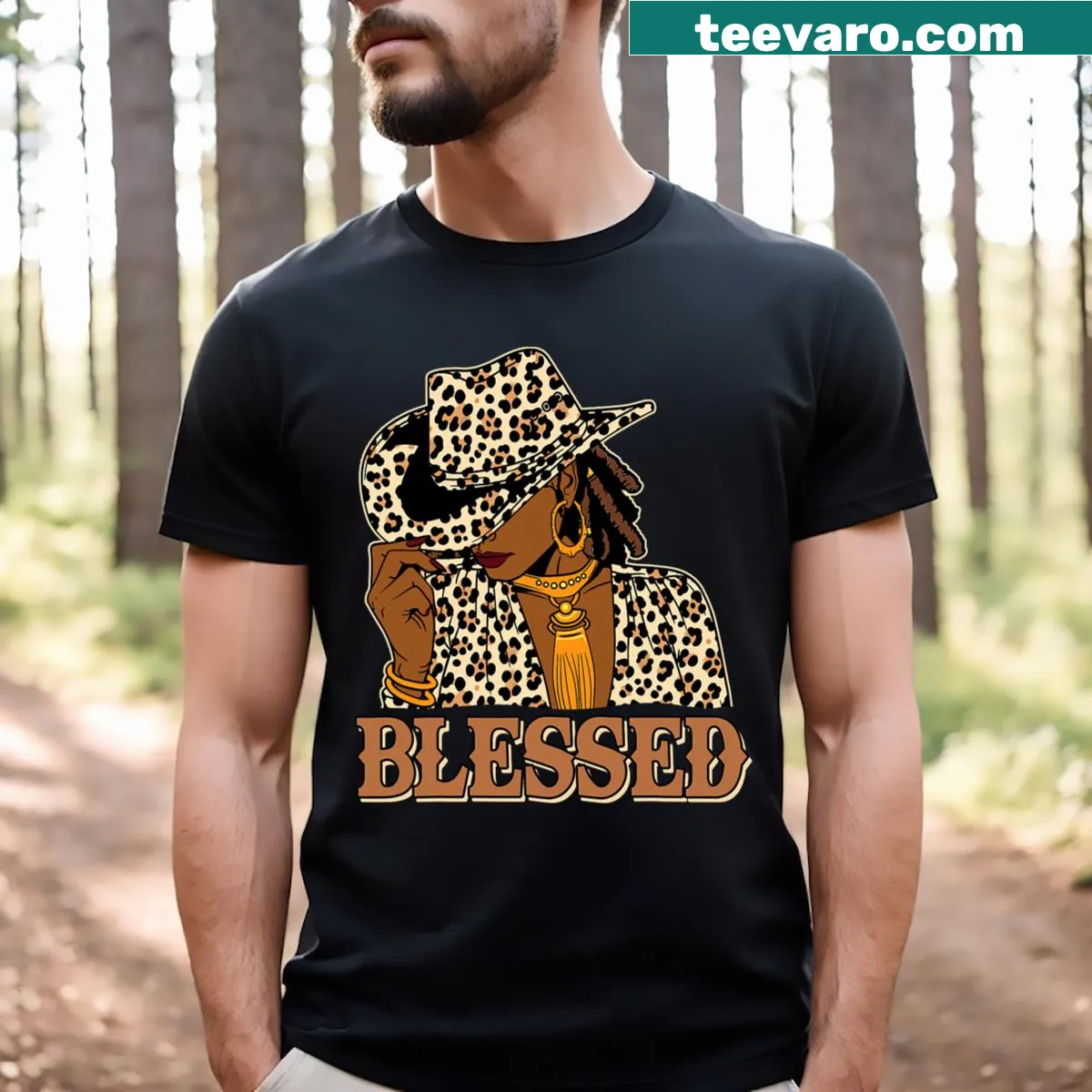 Cartoon cowgirl t-shirt with 'Blessed' text for women — on a men's t-shirt