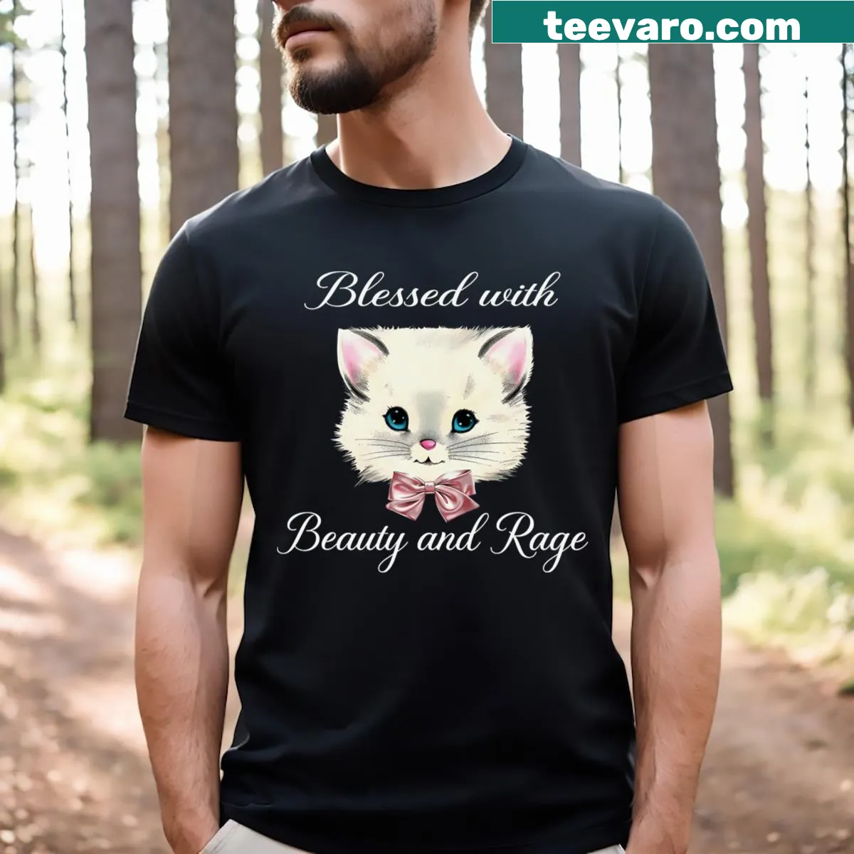 Cute cat face illustration with ribbon for cat lovers — on a men's t-shirt