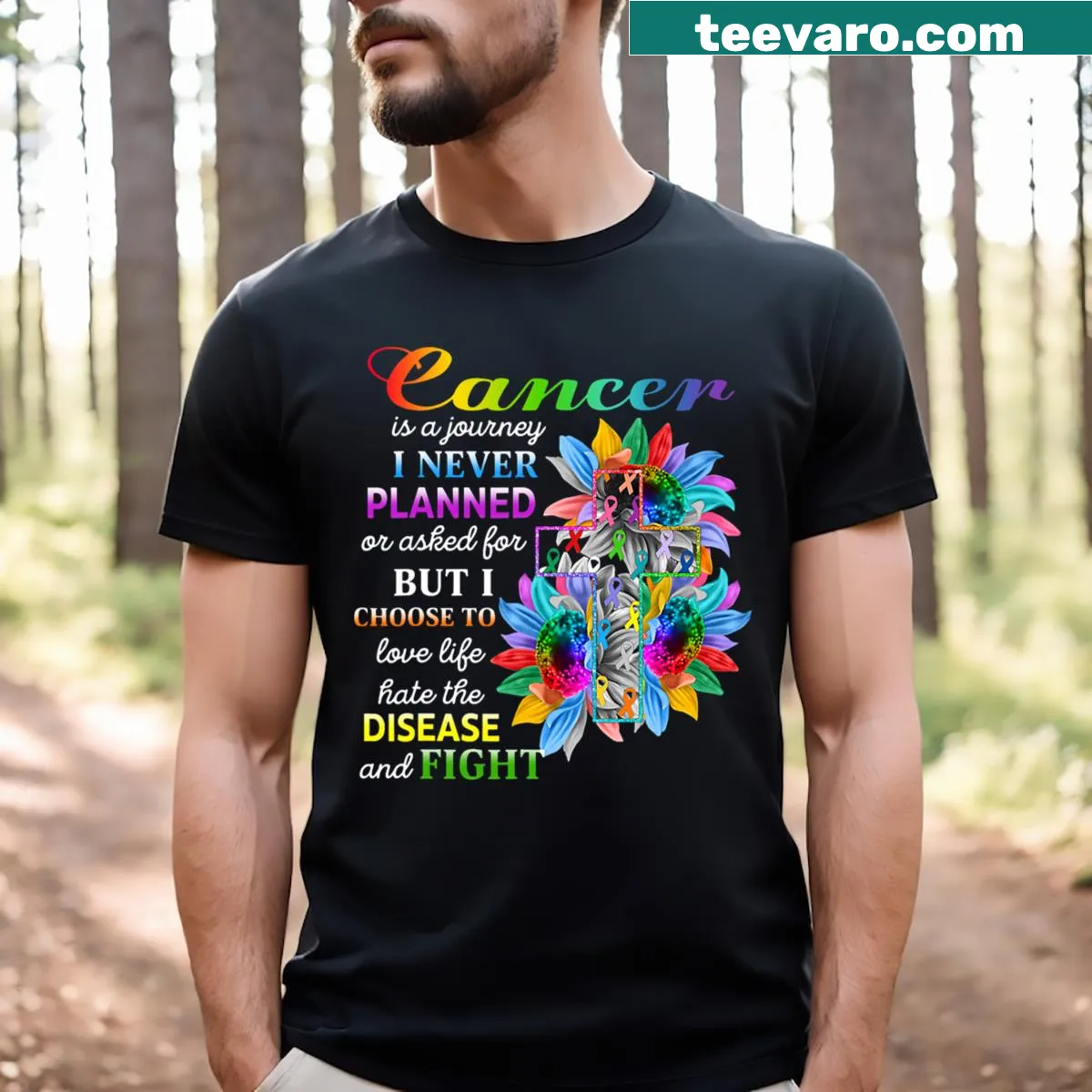 T-shirt with bold typography stating 'Cancer Is A Journey' — on a men's t-shirt