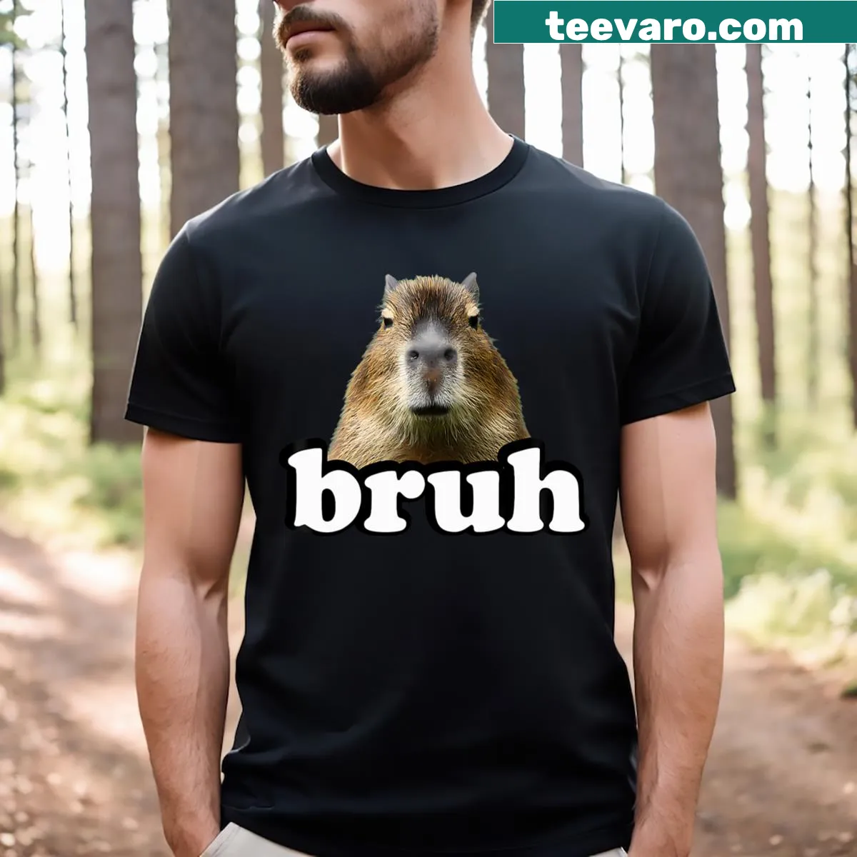 Funny graphic tee featuring a capybara and the word 'Bruh' — on a men's t-shirt