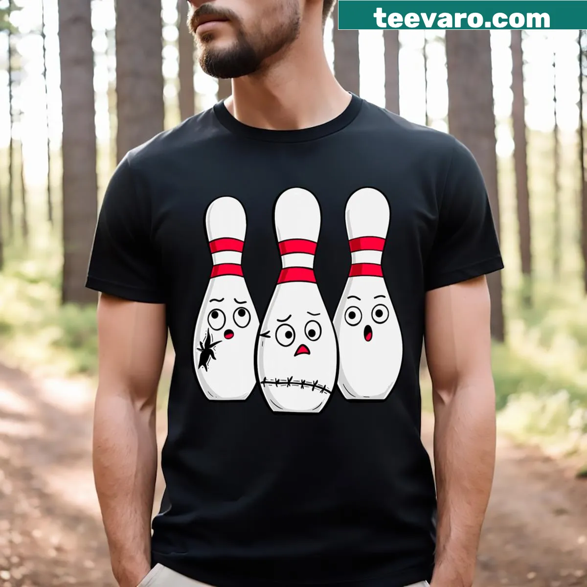 Cartoon bowling pins looking scared in a funny bowling design — on a men's t-shirt
