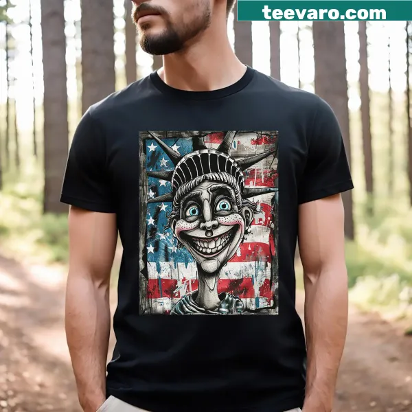 Cartoon Statue of Liberty with American flag graphic