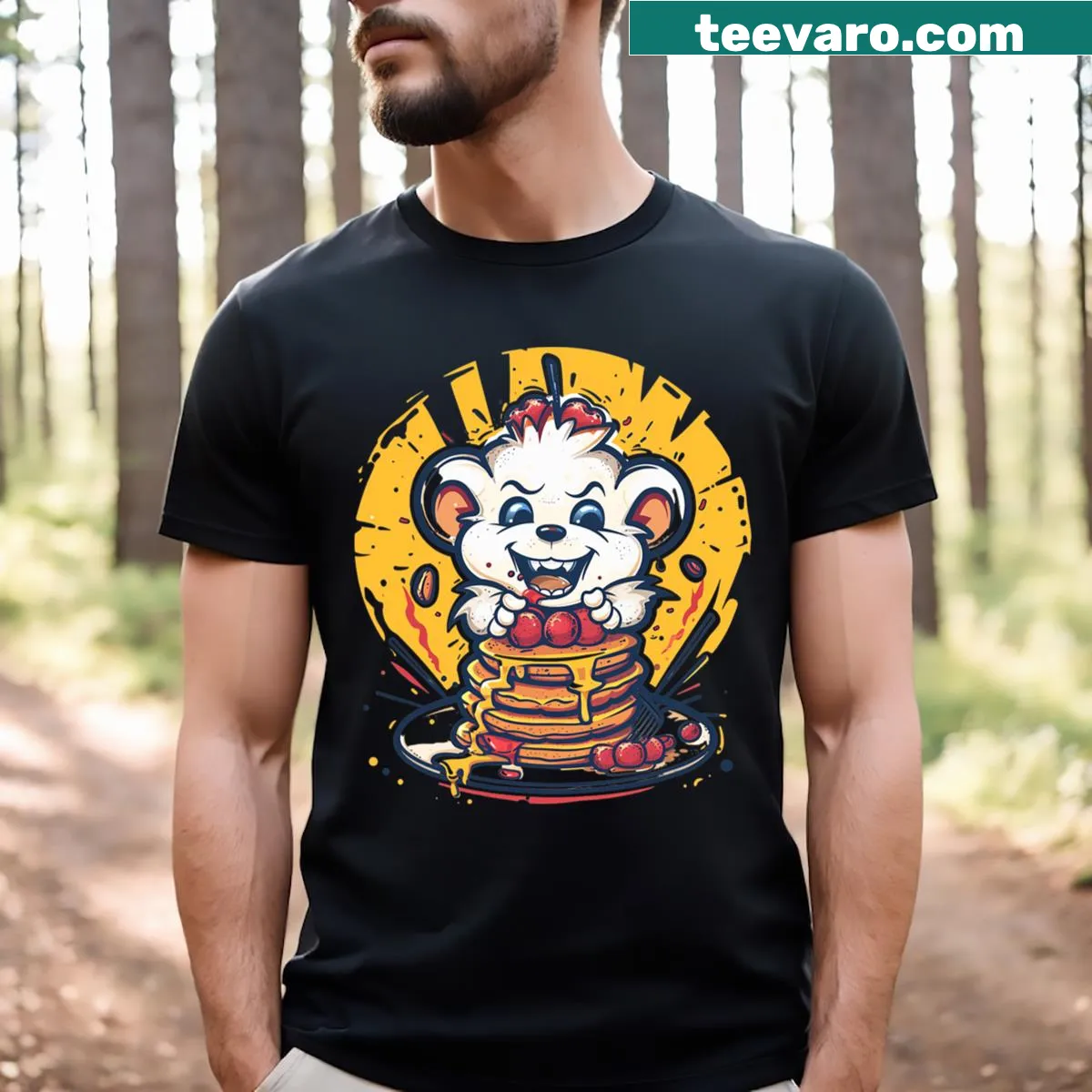Cartoon character design in a playful style — on a men's t-shirt