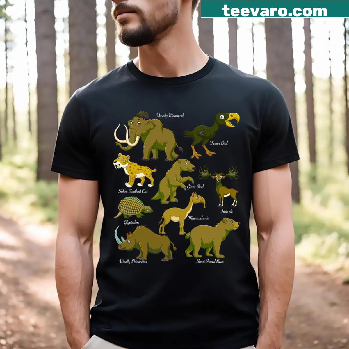 Educational T-shirt featuring cartoon prehistoric animals for kids — on a men's t-shirt