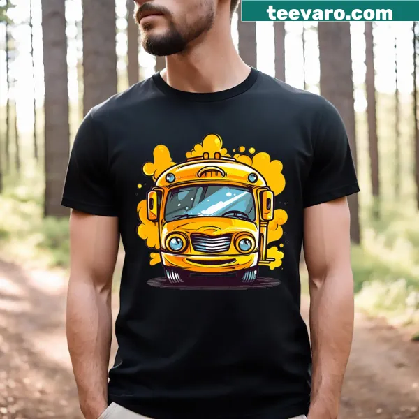 Cartoon school bus T-shirt with smiling faces in the windows