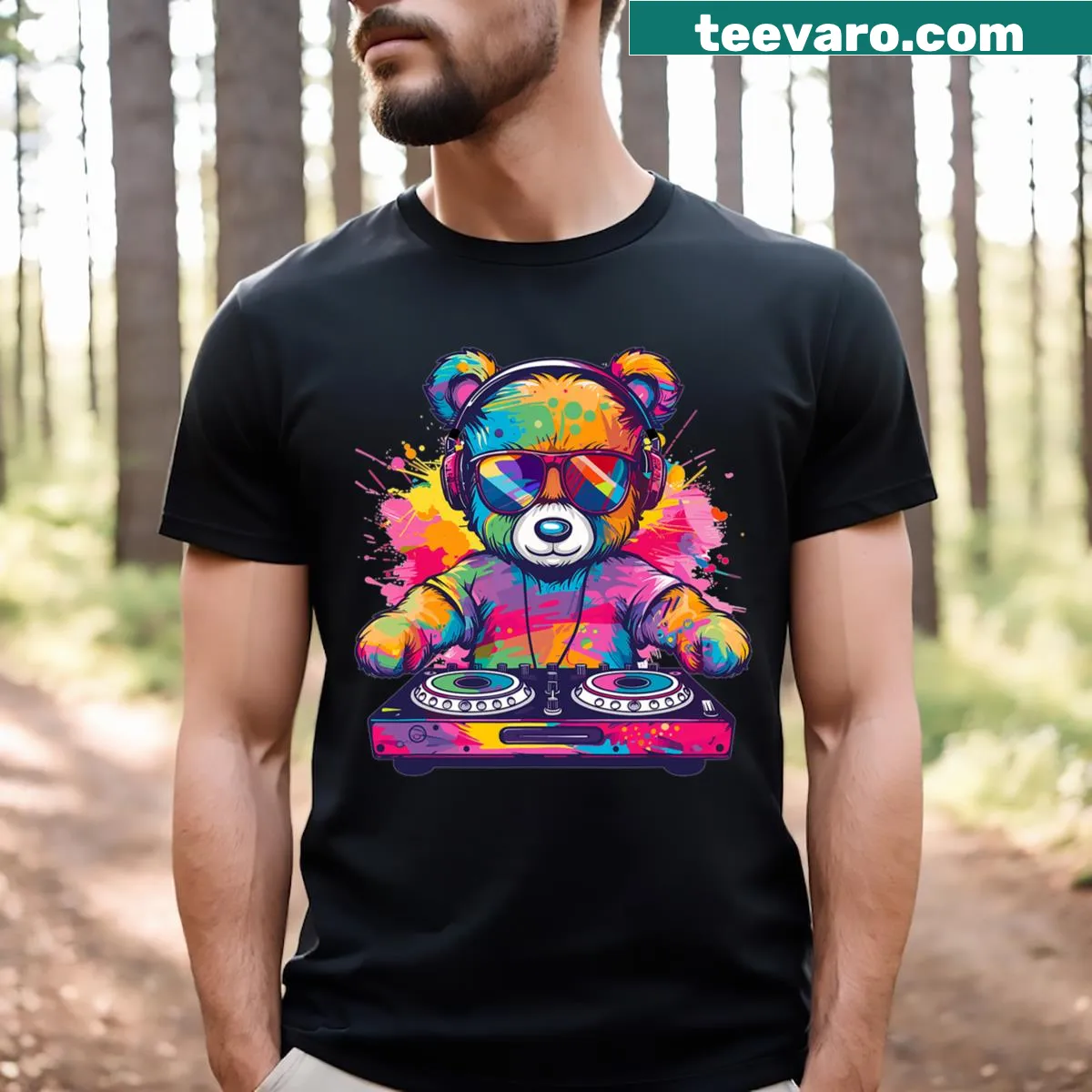 Cartoon teddy DJ T-shirt with headphones and turntables — on a men's t-shirt
