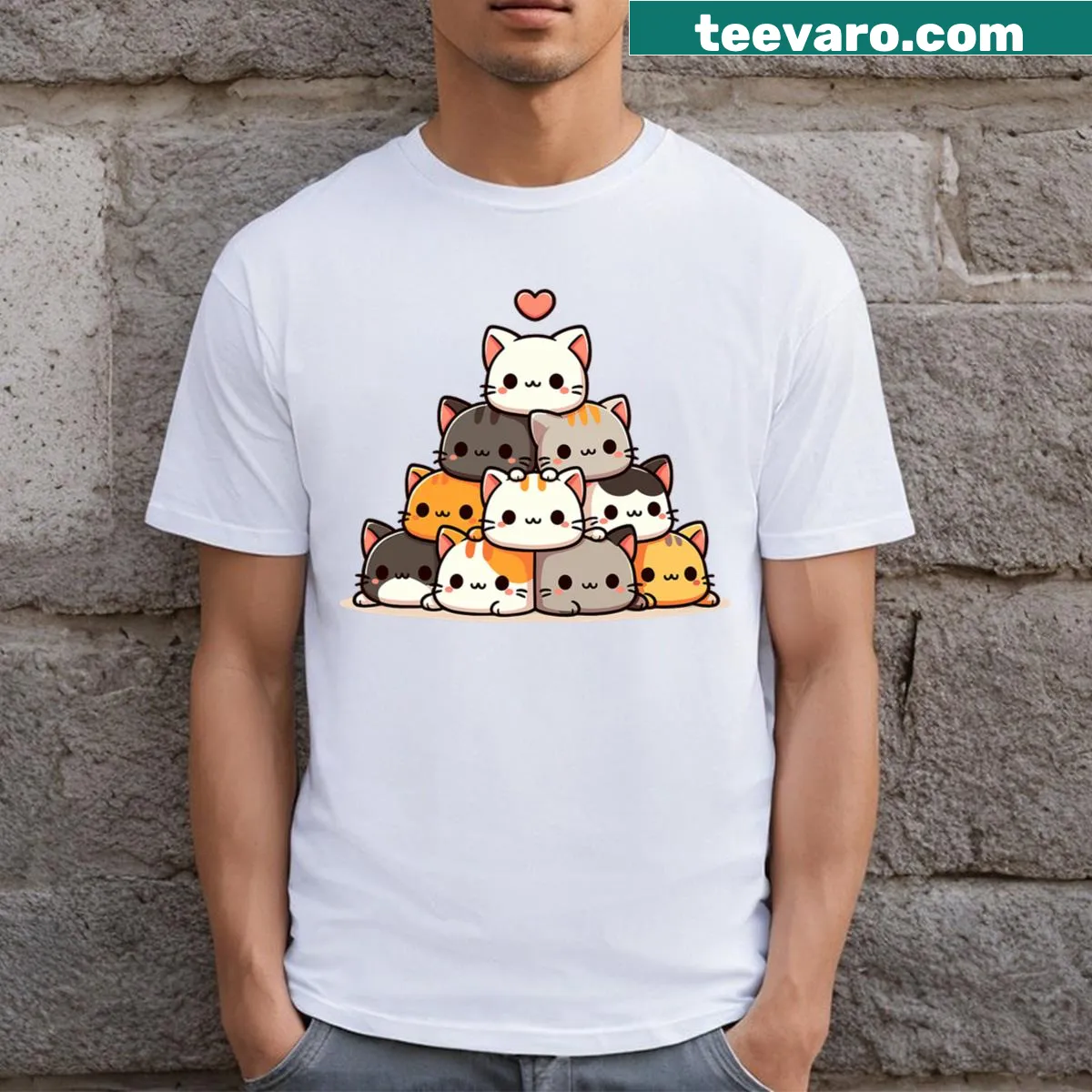 Kawaii anime-style T-shirt featuring cute kitty cats — on a men's t-shirt