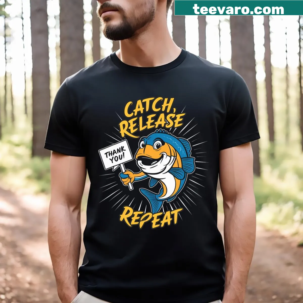 Fishing-themed cartoon T-shirt with a funny design — on a men's t-shirt