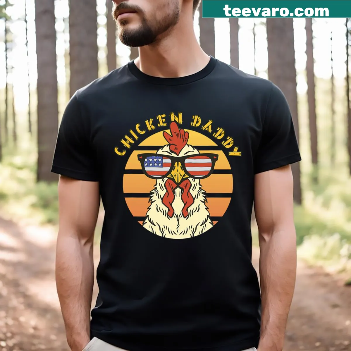 Funny chicken daddy T-shirt with cartoon graphic — on a men's t-shirt