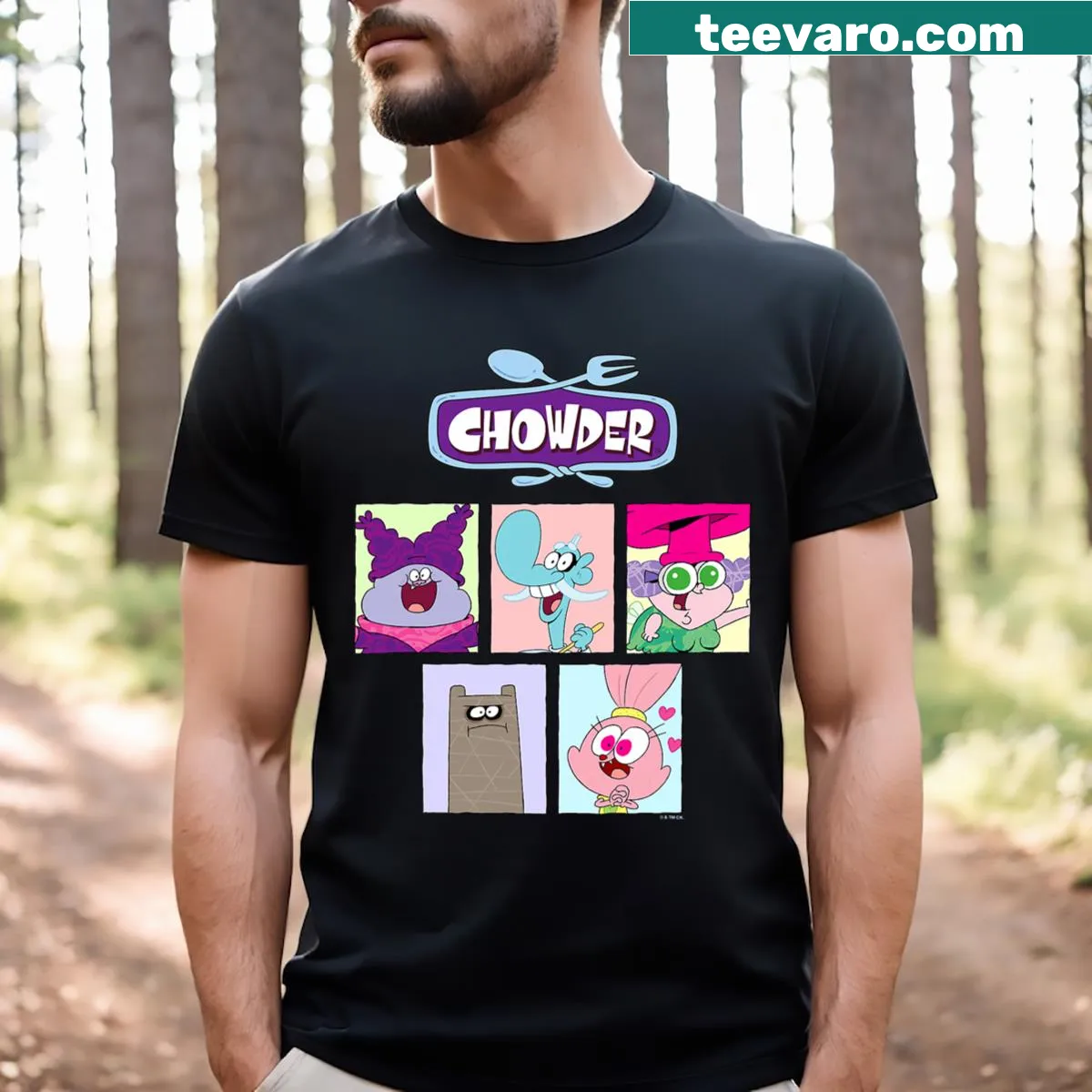 T-shirt featuring a collage of Chowder main characters in box panels. — on a men's t-shirt
