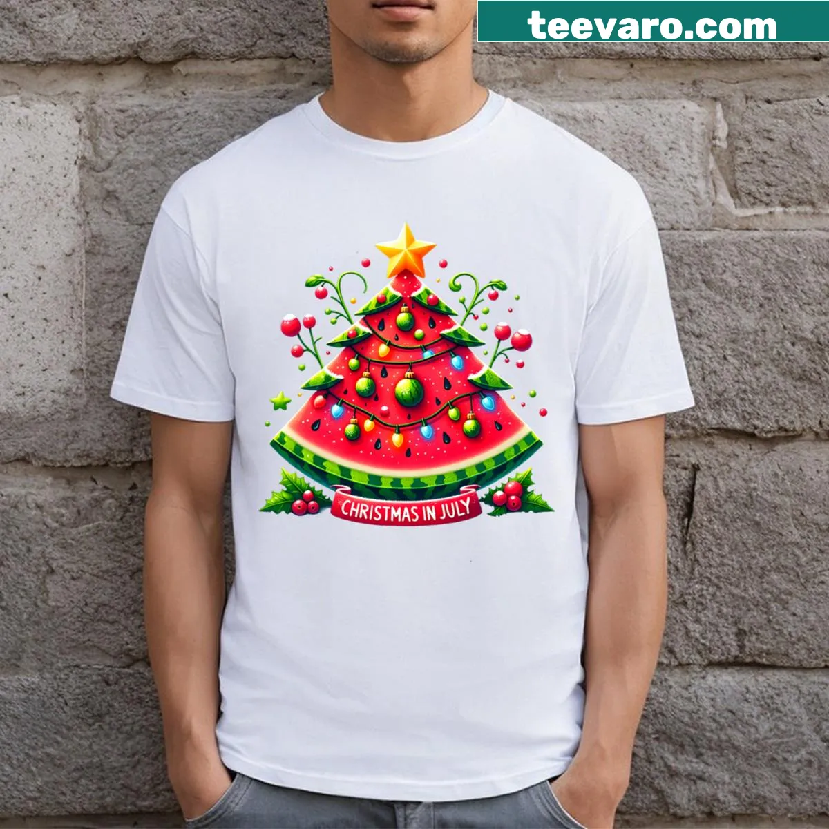 Playful watermelon Christmas tree t-shirt for men and kids — on a men's t-shirt