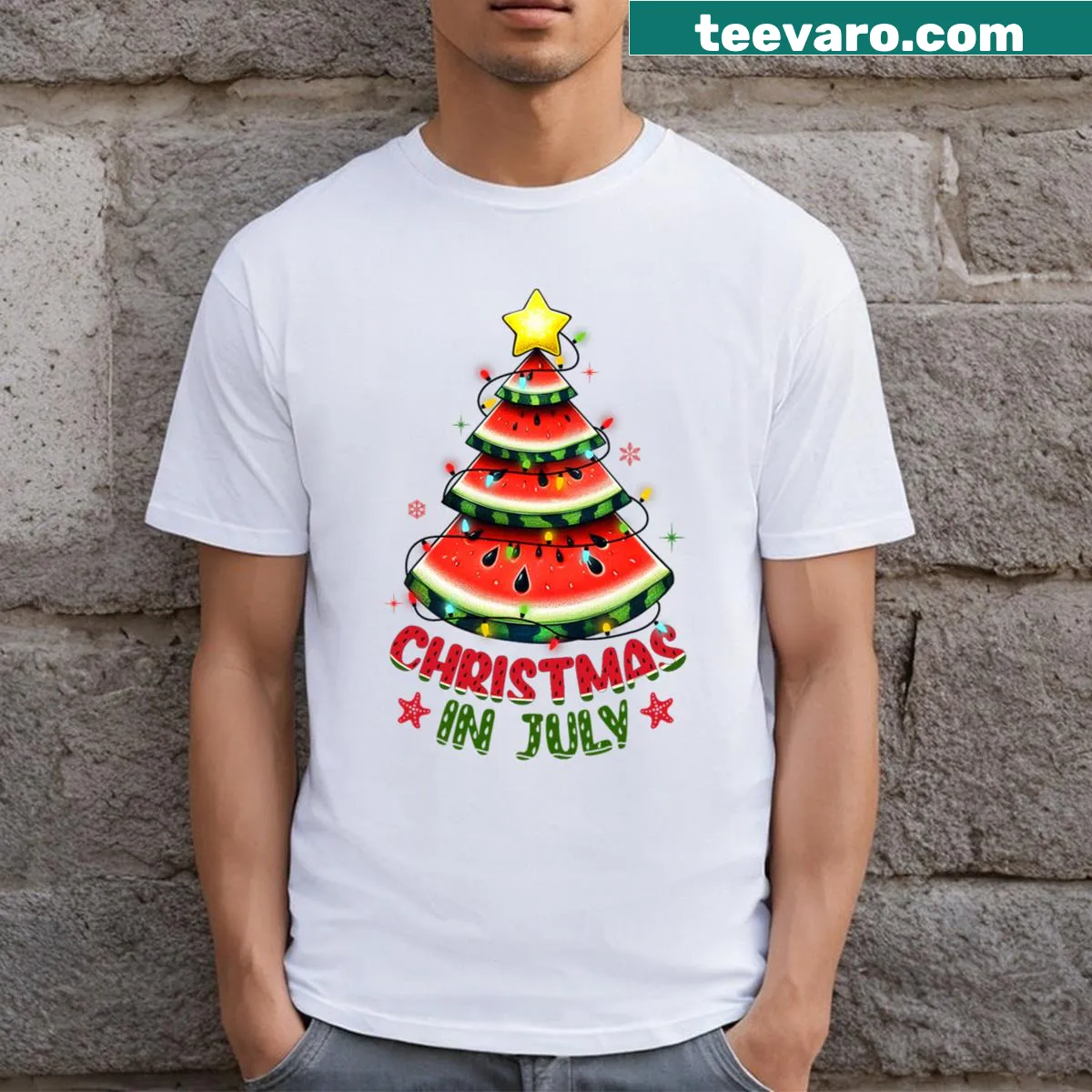 Watermelon Christmas tree T-shirt for men and kids — on a men's t-shirt