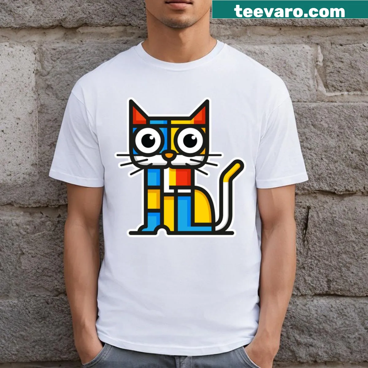 Cubistic cat illustration T-shirt with white outline — on a men's t-shirt