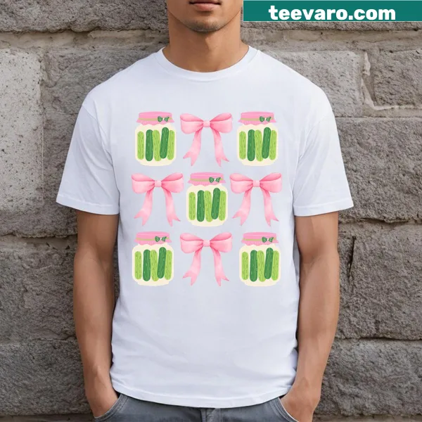 Cute girl with a jar of pickles and bows on a T-shirt