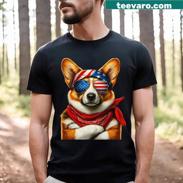Patriotic corgi T-shirt for Fourth of July men