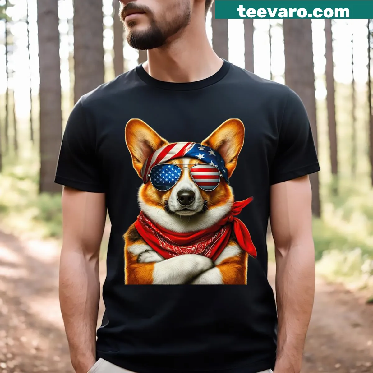 Patriotic corgi T-shirt for Fourth of July men — on a men's t-shirt