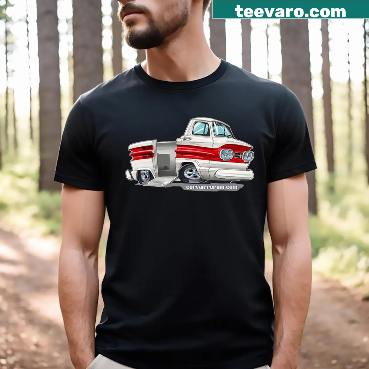 Cartoon graphic of a Corvair Rampside truck — on a men's t-shirt
