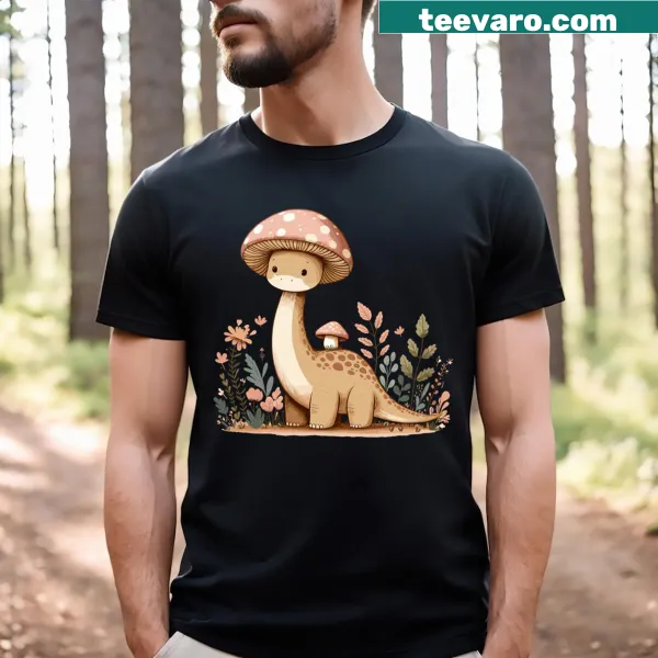 Cute Brachiosaurus among mushrooms design T-shirt