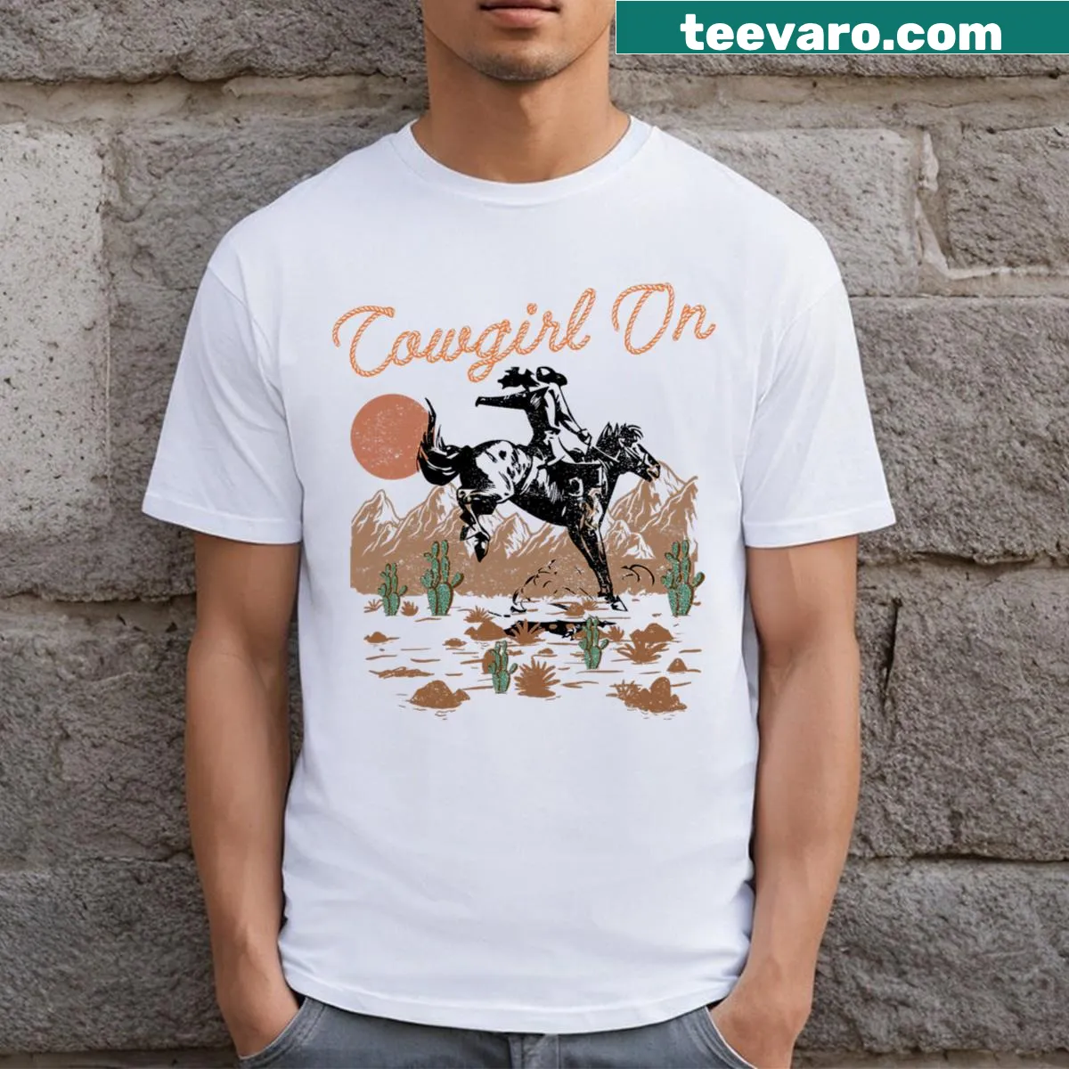 Vintage cowgirl T-shirt with rodeo theme — on a men's t-shirt