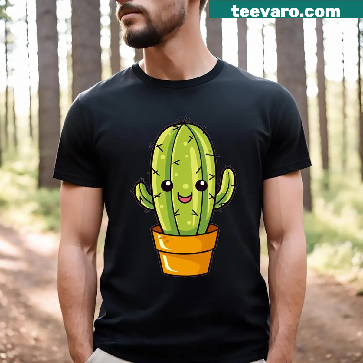 Kids T-shirt featuring a cheerful cactus with flowers — on a men's t-shirt