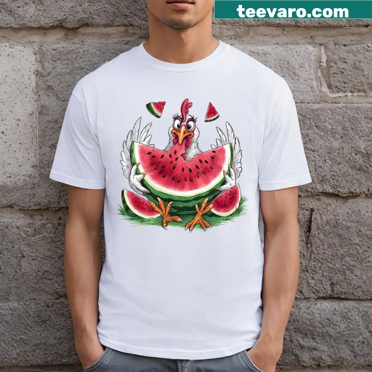 Cute chicken illustration eating watermelon — on a men's t-shirt