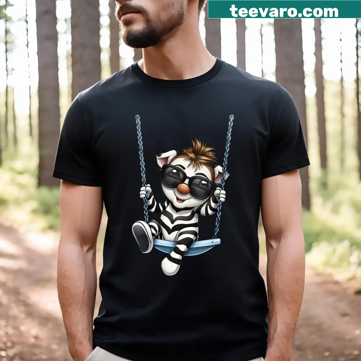 Comic zebra swinging on a swing illustration — on a men's t-shirt