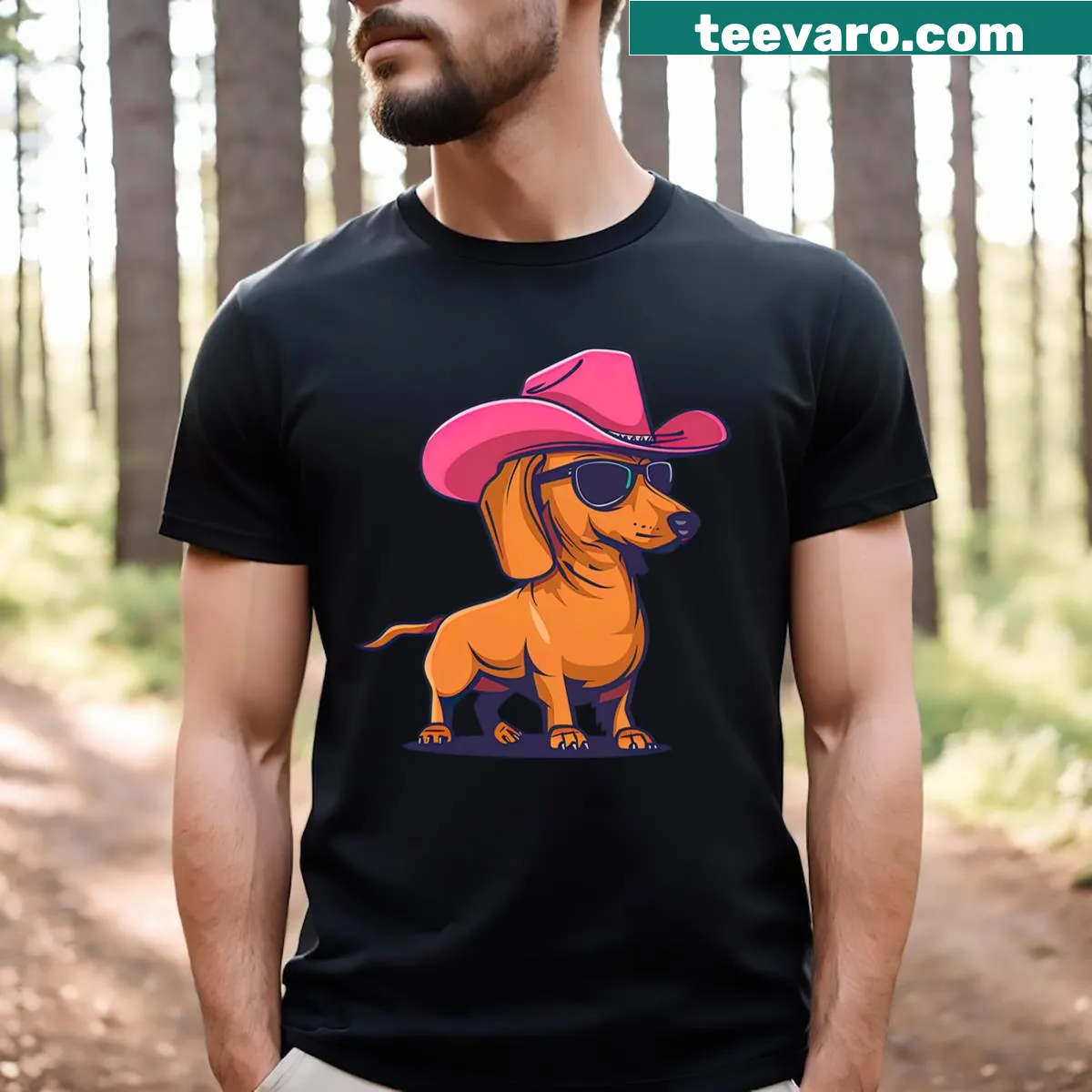Adorable dachshund T-shirt with pink cowboy hat — on a men's t-shirt
