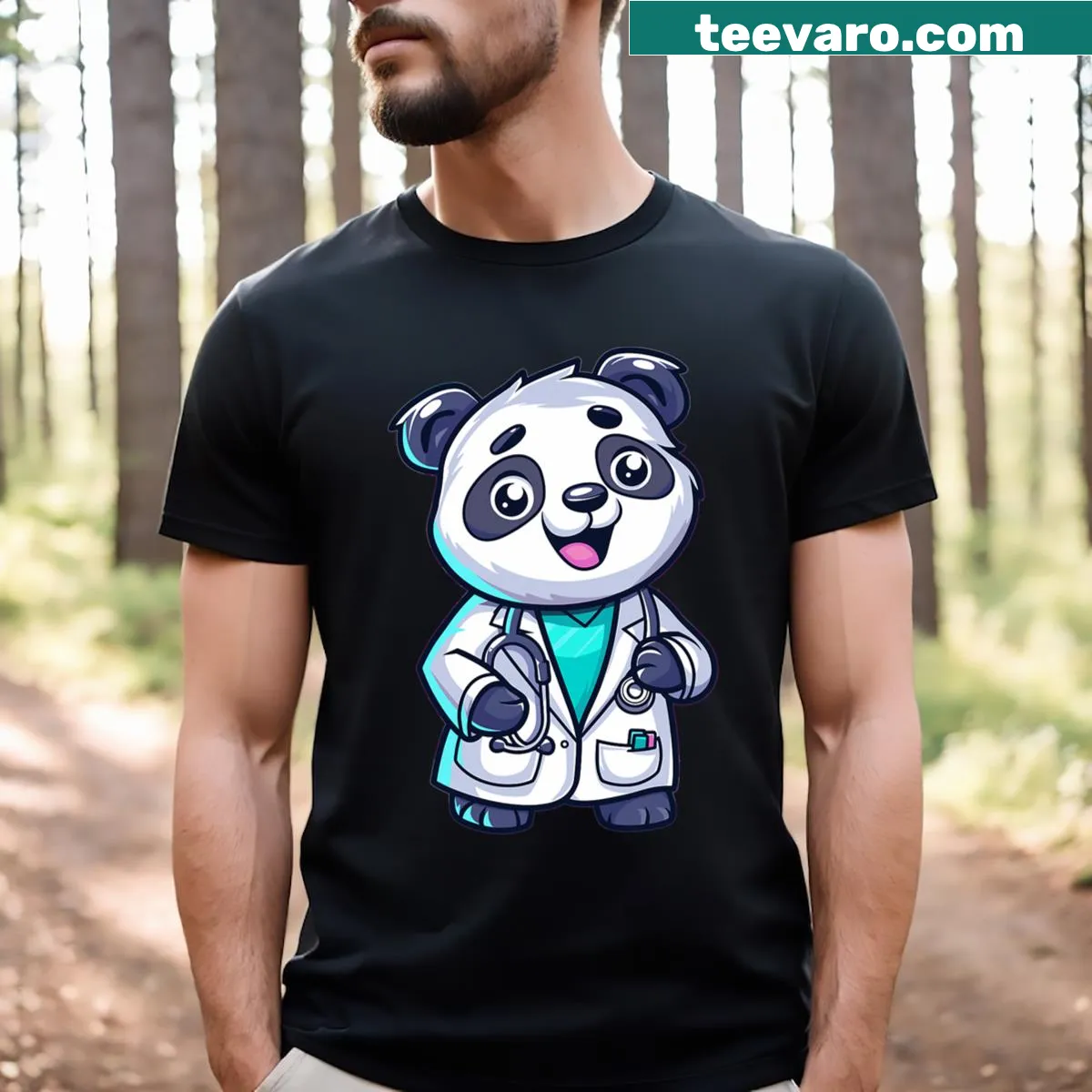 Cartoon doctor panda with stethoscope for kids — on a men's t-shirt