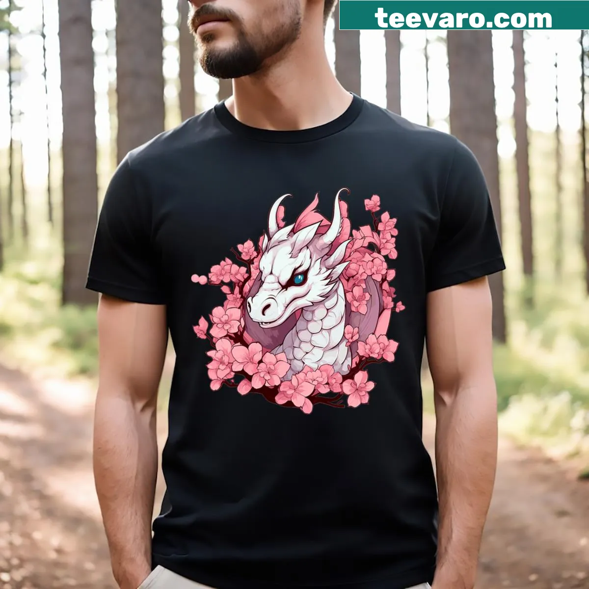 Cute dragon with cherry blossoms in a whimsical design — on a men's t-shirt