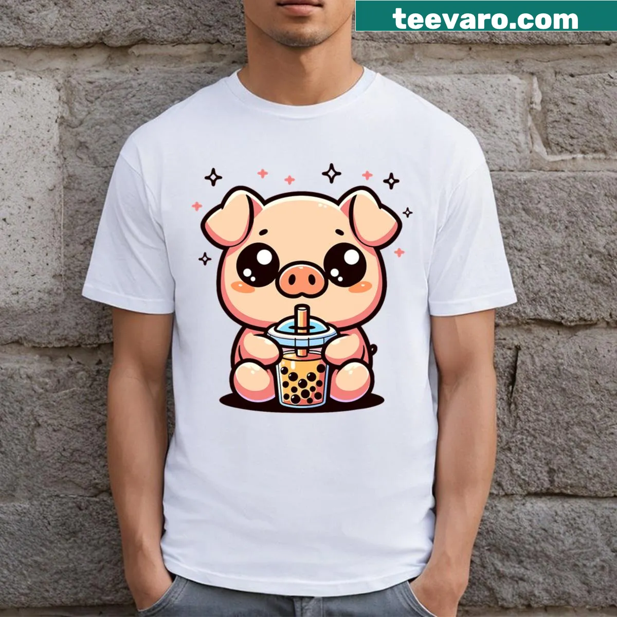 Kawaii cartoon pig drinking bubble tea in a fun design — on a men's t-shirt