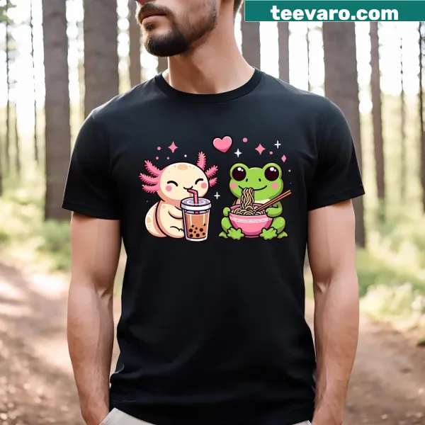 Kawaii frog and axolotl eating ramen on a kids' t-shirt