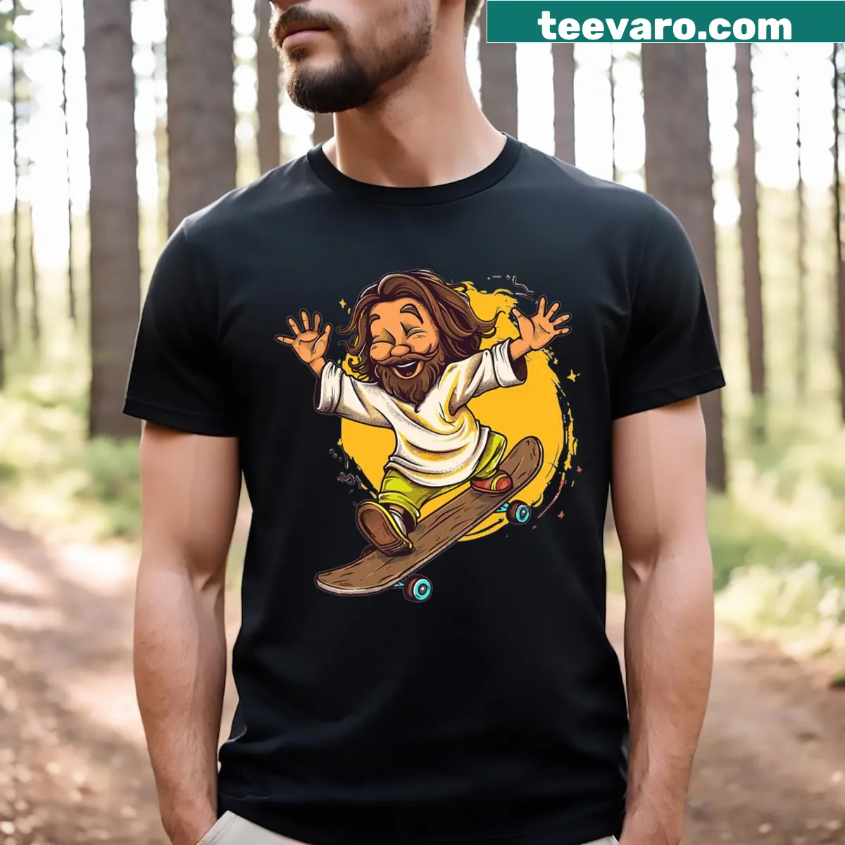 Skateboarding Jesus graphic on a cute t-shirt — on a men's t-shirt