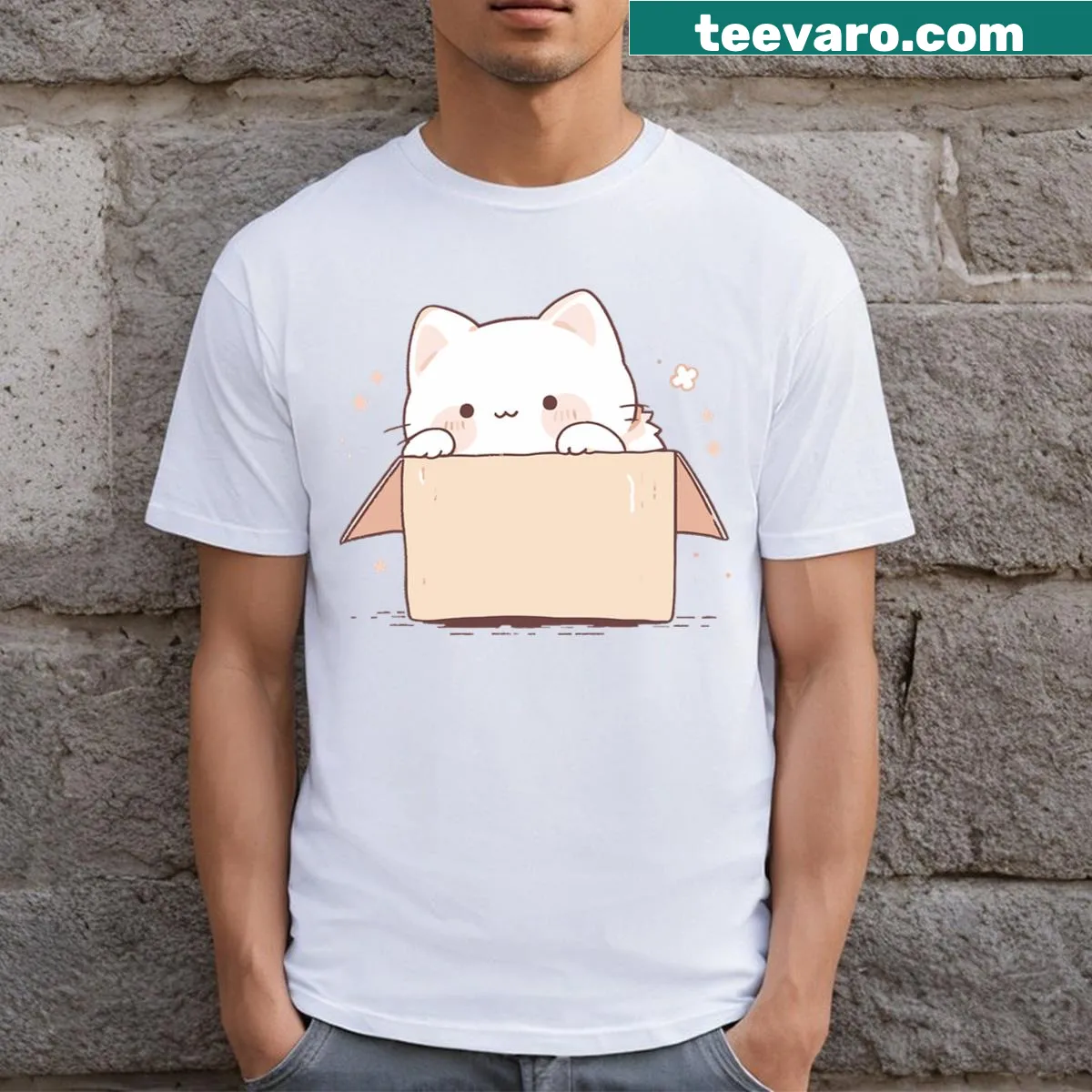 Kawaii cartoon cat in a box graphic on t-shirt — on a men's t-shirt