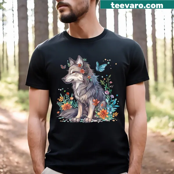 Kids T-shirt featuring a cute wolf with flowers