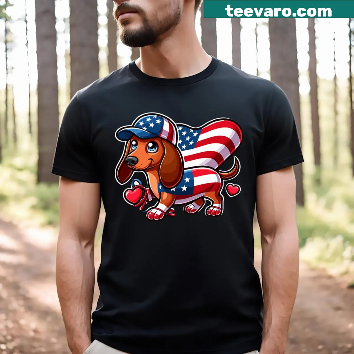 Dachshund with American flag in a patriotic design — on a men's t-shirt