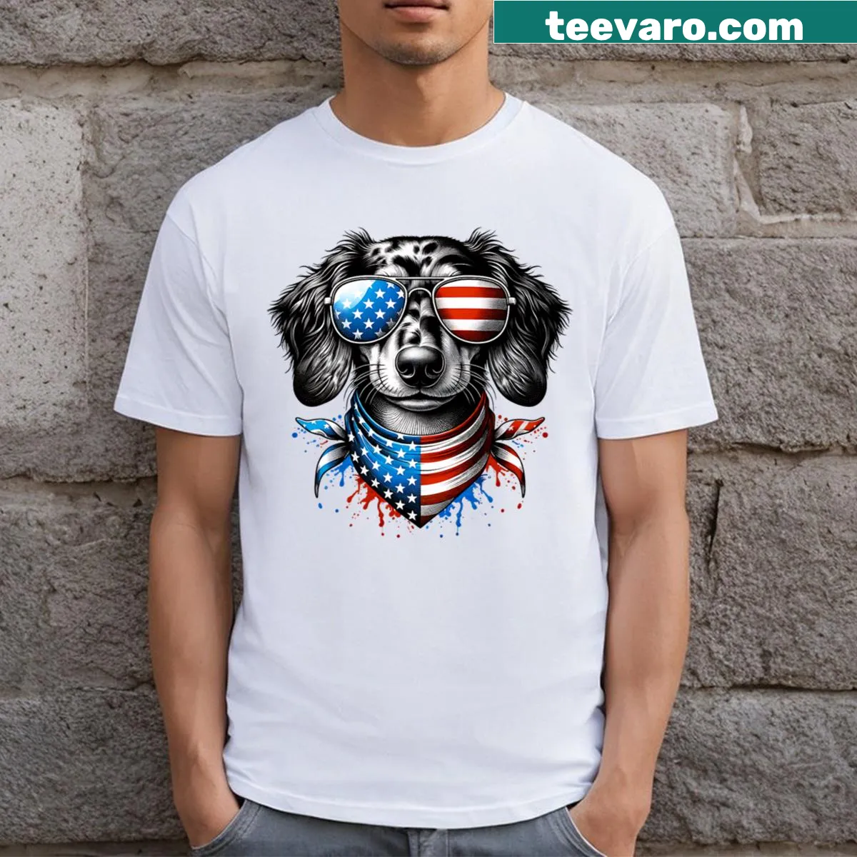 Dachshund dog with American flag design on a t-shirt — on a men's t-shirt