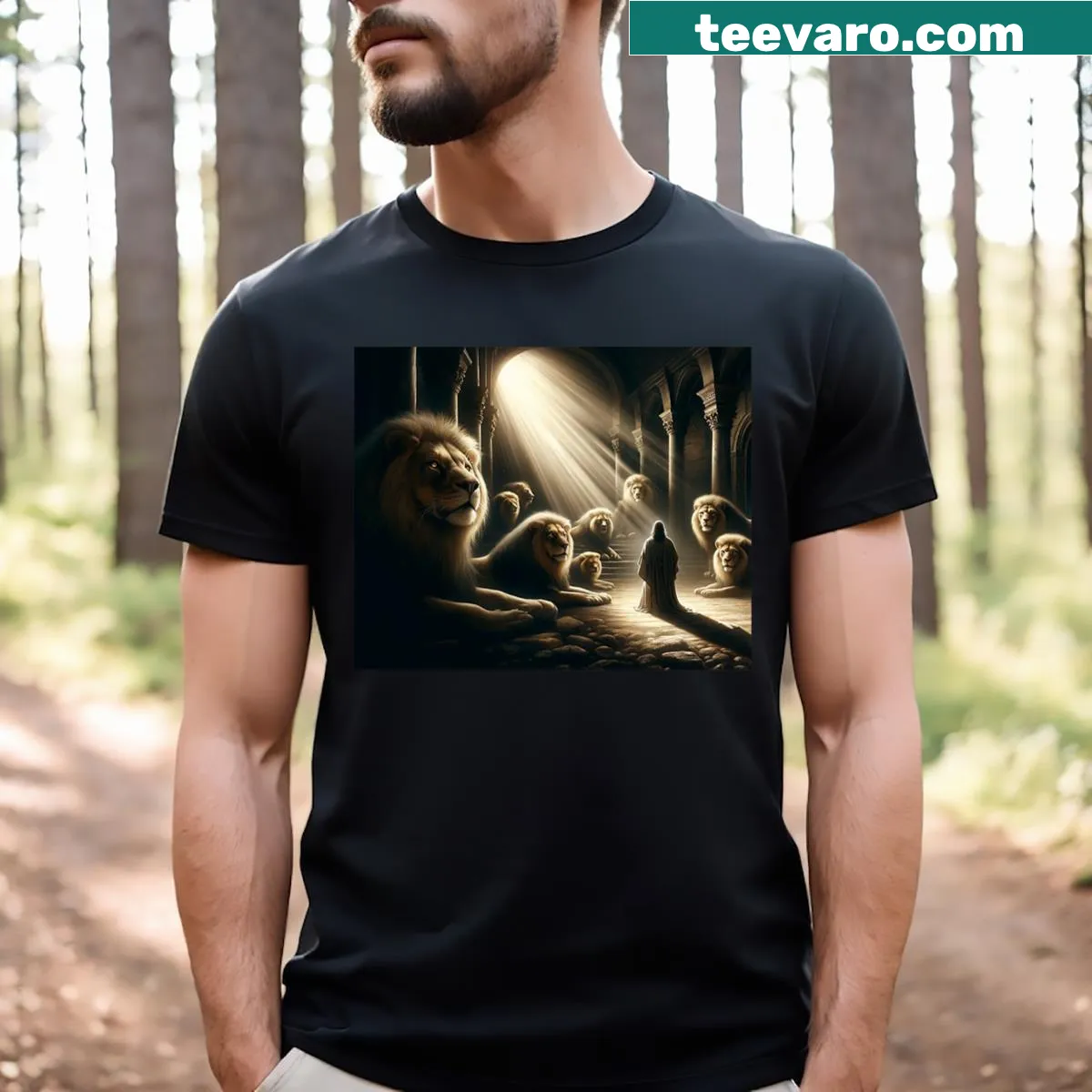 T-shirt featuring Daniel in the lion's den design — on a men's t-shirt