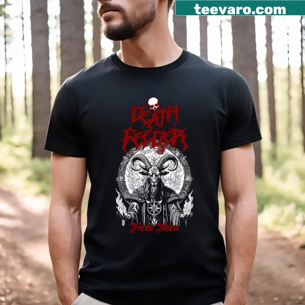 Graphic of flames with 'Death Feeder' text on a T-shirt