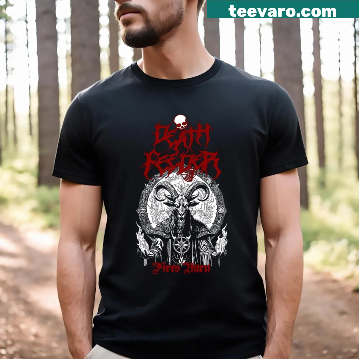 Graphic of flames with 'Death Feeder' text on a T-shirt — on a men's t-shirt