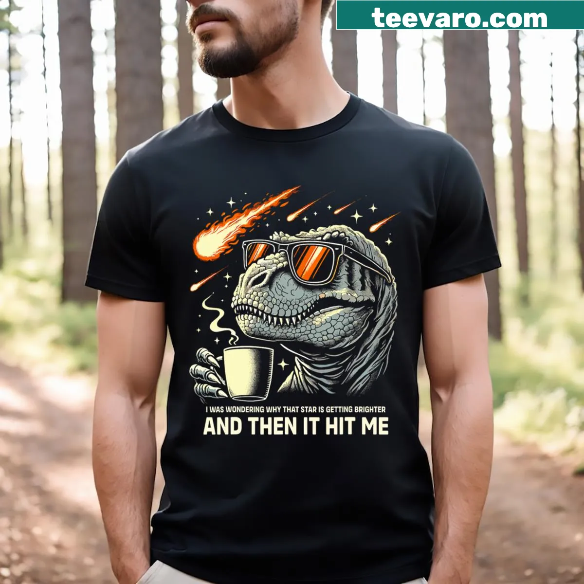 Funny t-shirt featuring a T-Rex trying to drink coffee — on a men's t-shirt