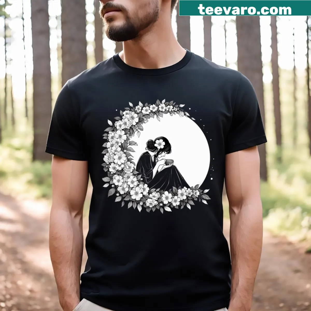 T-shirt with a serene lady surrounded by jasmine flowers — on a men's t-shirt