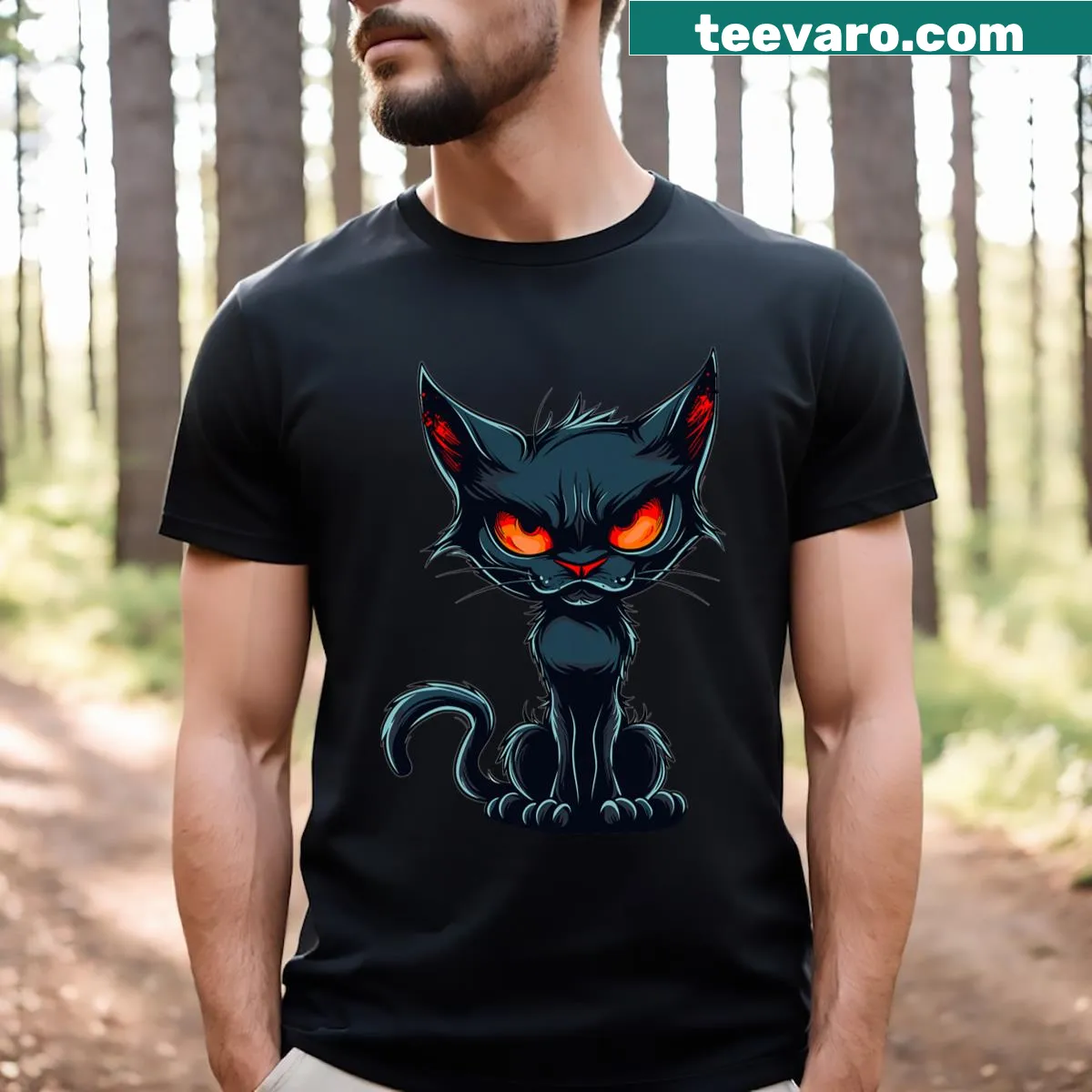Illustrated mischievous cat graphic T-shirt for cat lovers — on a men's t-shirt