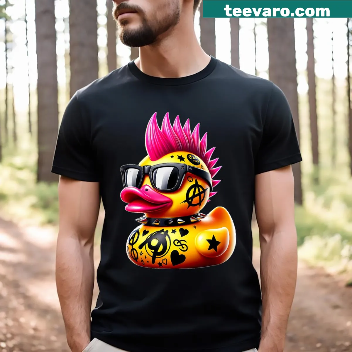 Punk rocker rubber duck T-shirt with edgy graphics — on a men's t-shirt