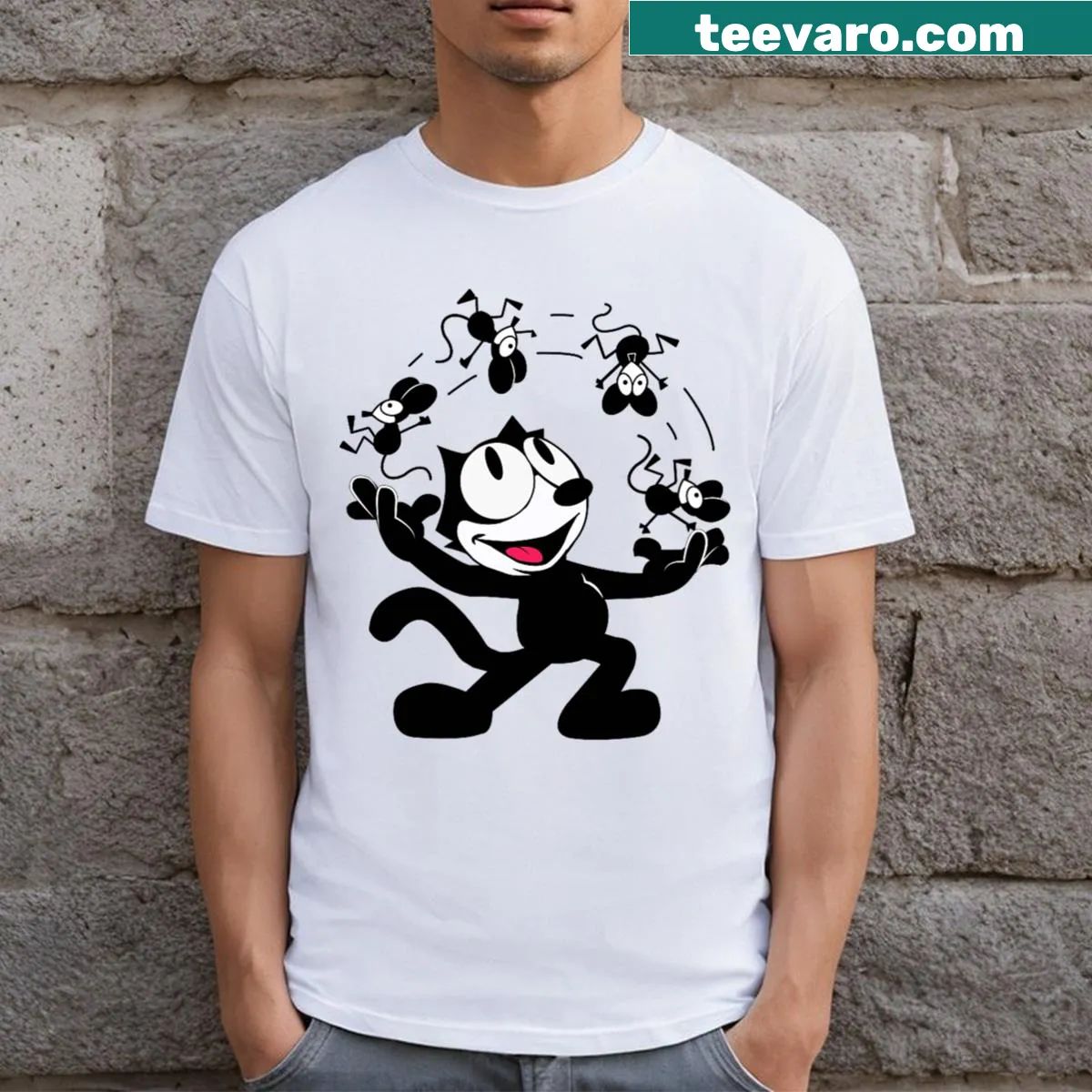 Vintage graphic t-shirt featuring Felix the Cat juggling mice — on a men's t-shirt