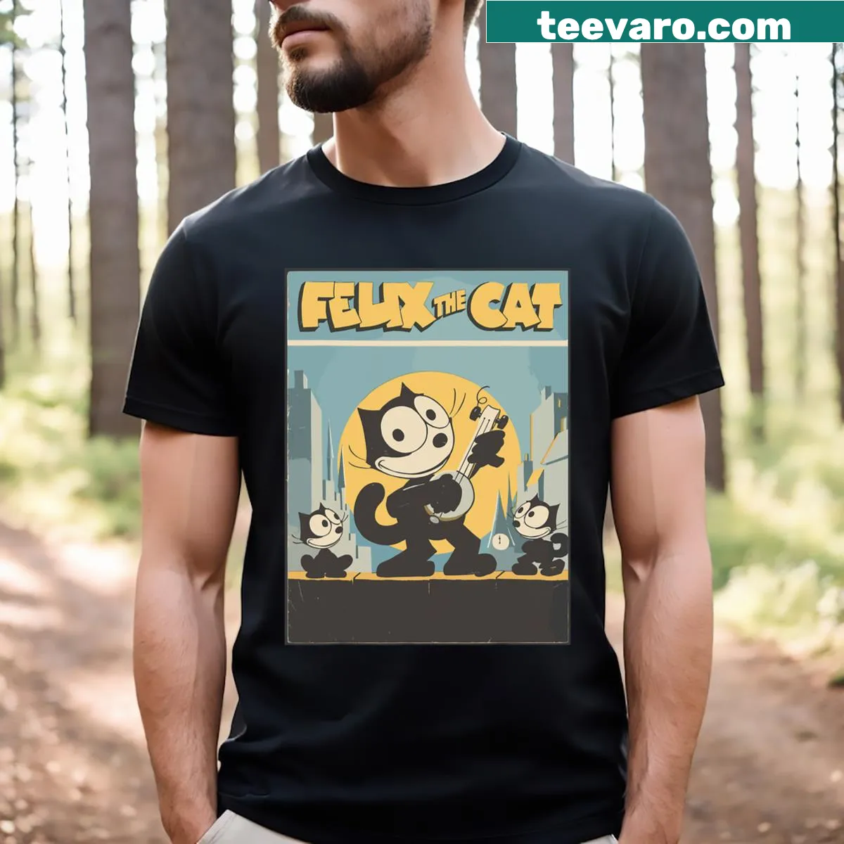 Vintage cartoon Felix the Cat music-themed T-shirt design — on a men's t-shirt