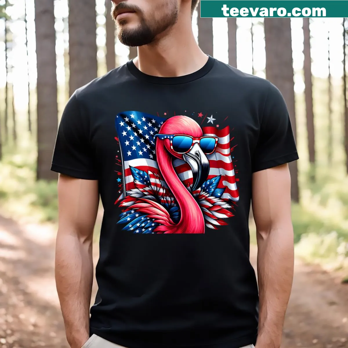 Patriotic T-shirt featuring a flamingo with American flag elements — on a men's t-shirt