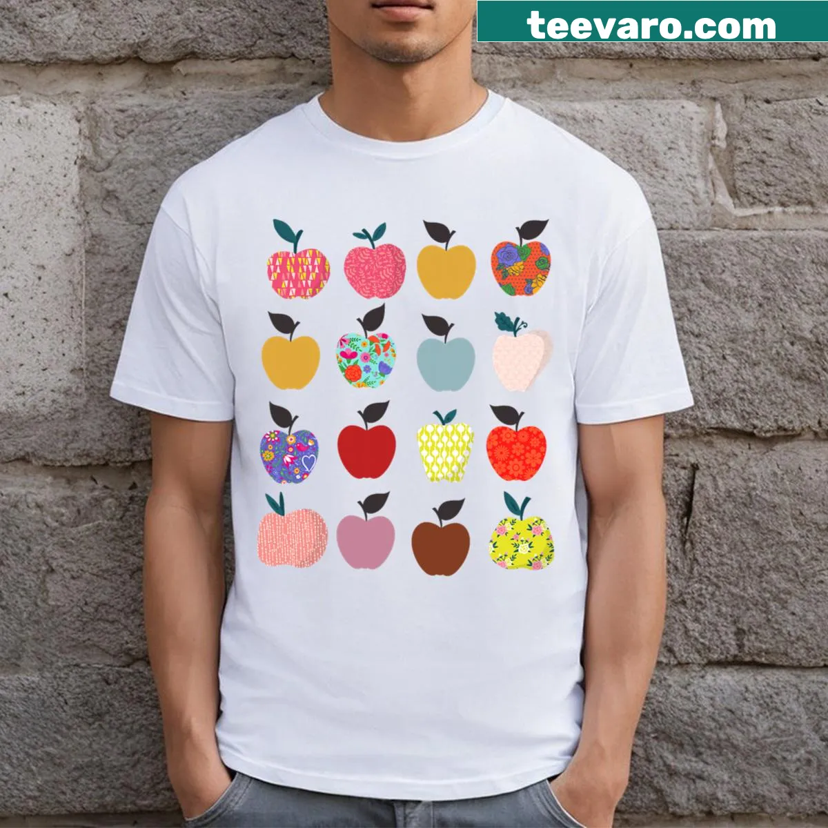 Cute T-shirt with folk art apples, perfect for teachers — on a men's t-shirt