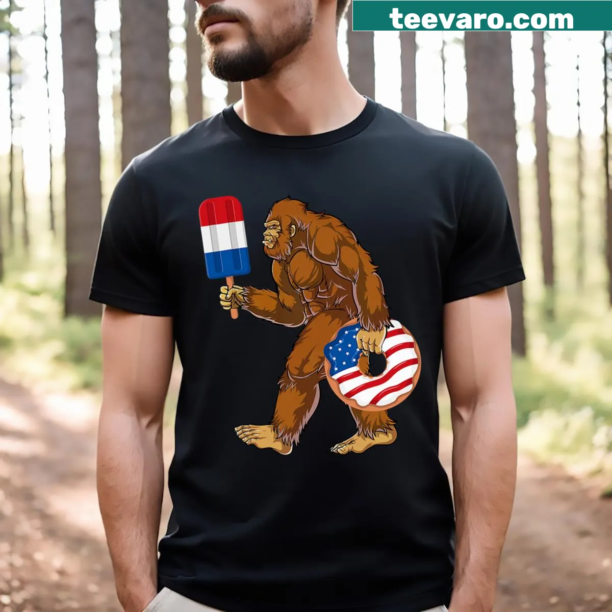 Bigfoot in American flag design for 4th of July celebration — on a men's t-shirt