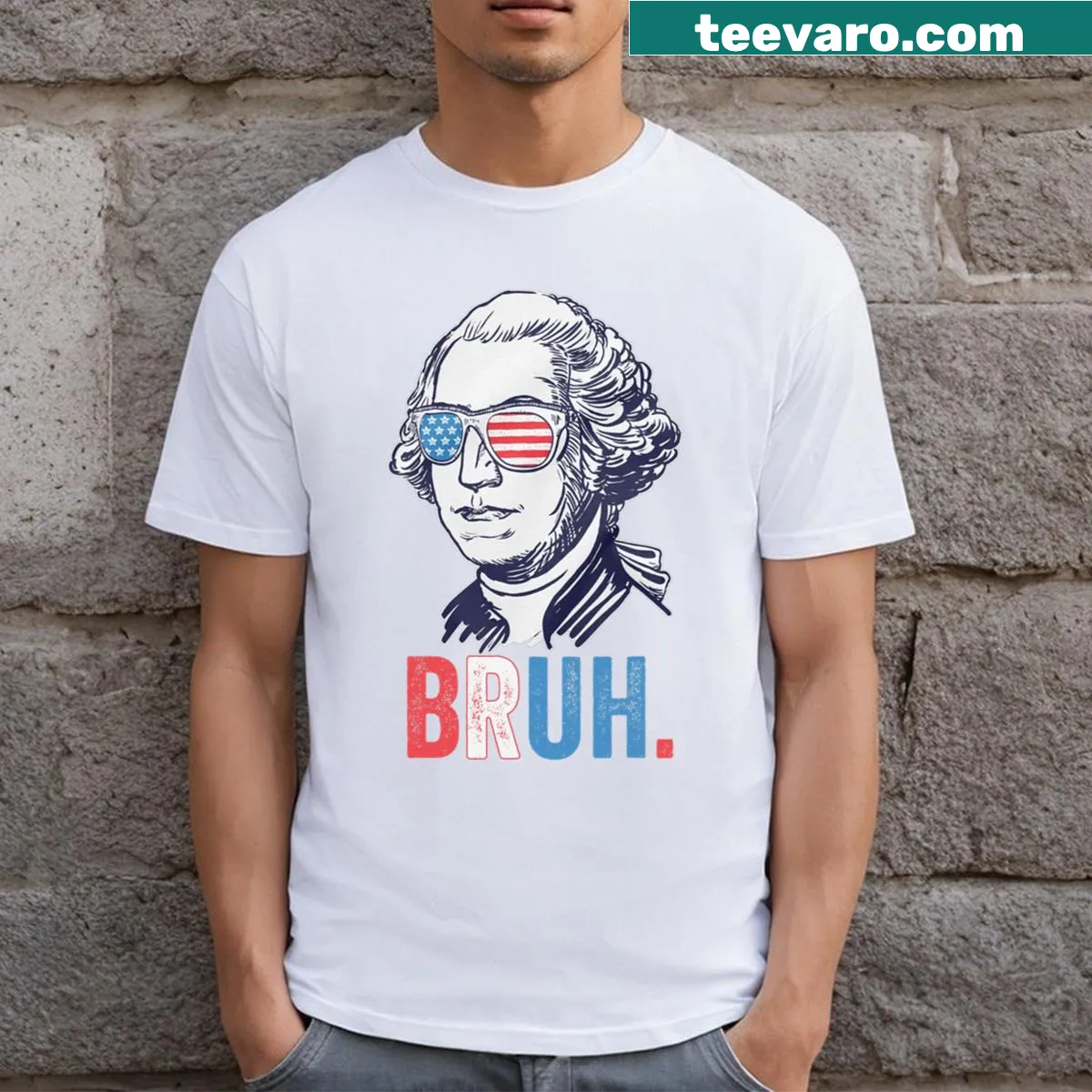 Cartoon George Washington with 'Bruh' text for Fourth of July — on a men's t-shirt