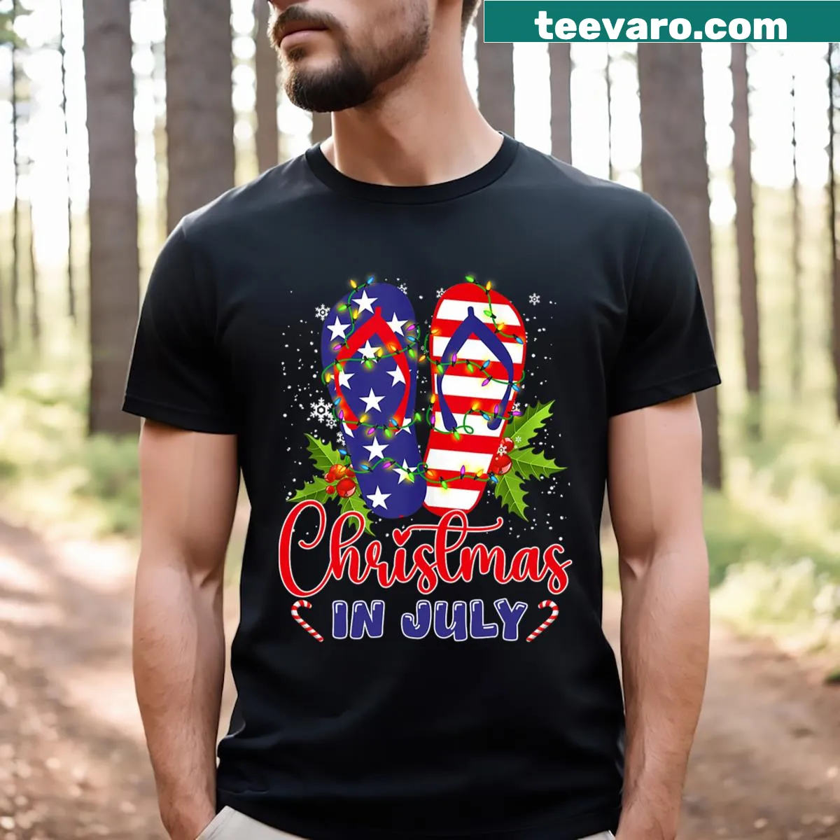 Funny design of flip flops with Christmas lights and an American flag — on a men's t-shirt